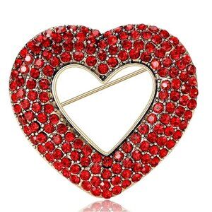 Red Rhinestone Heart Brooch Pin Gold-Tone
